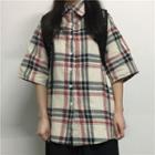 Plaid Elbow-sleeve Shirt As Shown In Figure - One Size