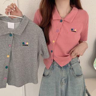 Short-sleeve Asymmetrical Floral Embroidered Polo Shirt