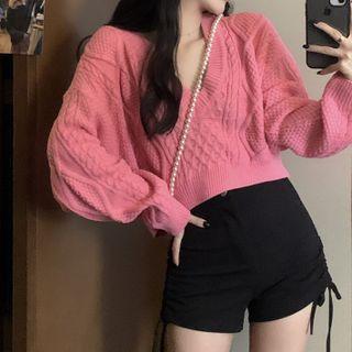 V-neck Cable Knit Cropped Knit Top