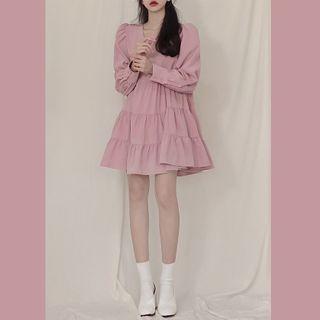 Long-sleeve Square-neck Mini A-line Dress Pink - One Size