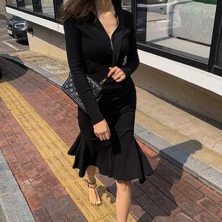 Zip-detail Ruffle-hem Hooded Dress Plain - Black - One Size
