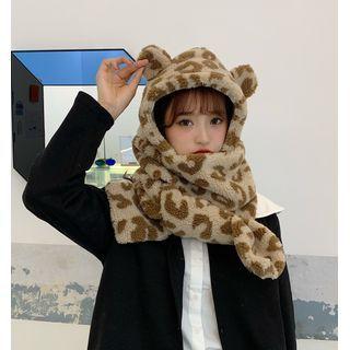 Leopard Print Animal Ear Fleece Hooded Scarf