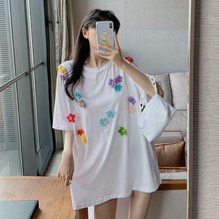 Flower-accent Loose-fit Long T-shirt As Shown In Figure - One Size