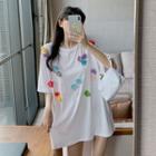 Flower-accent Loose-fit Long T-shirt As Shown In Figure - One Size
