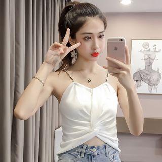 Spaghetti Strap Front Knot Cropped Knit Top
