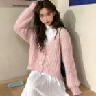 Turtleneck Long-sleeve Top / V-neck Chunky Knit Cardigan