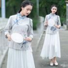 Traditional Chinese 3/4-sleeve Floral Top / Midi Skirt