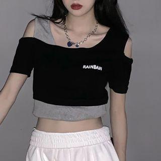 Asymmetrical Cold-shoulder Lettering Crop T-shirt
