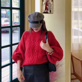 Balloon-sleeve Cable-knit Sweater Red - One Size