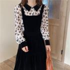 Collared Floral Print Blouse / Velvet Midi A-line Overall Dress