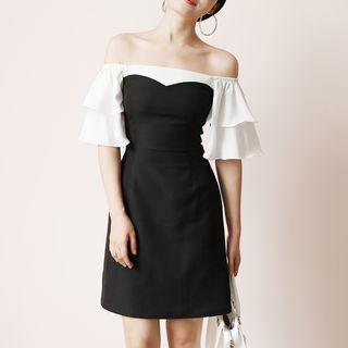 Off-shoulder Elbow-sleeve Color Panel A-line Dress