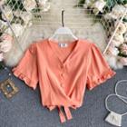 V-neck Button Ruffle-sleeve Top