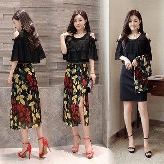 Set: Cutout Shoulder Ruffle Dress + Skirt