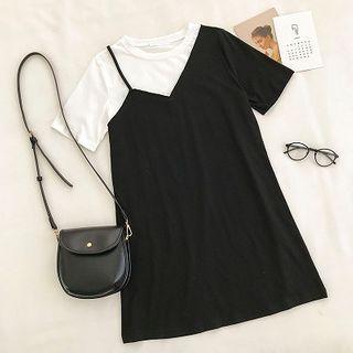 Mock Two-piece Crewneck Short-sleeve Dress Black - One Size