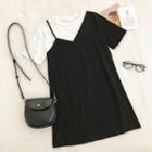 Mock Two-piece Crewneck Short-sleeve Dress Black - One Size