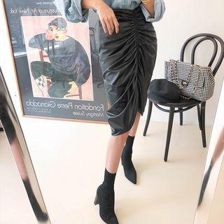 Ruched Pleather Midi Pencil Skirt Black - One Size