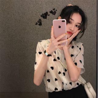 Short-sleeve Heart Print Chiffon Blouse