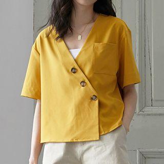 Short-sleeve Asymmetric V-neck Blouse