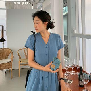 Buttoned Long Monotone Dress Blue - One Size