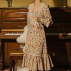 Long-sleeve Floral Panel Lace Dress