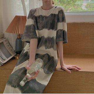 Short-sleeve Printed T-shirt Dress Gray & White - One Size
