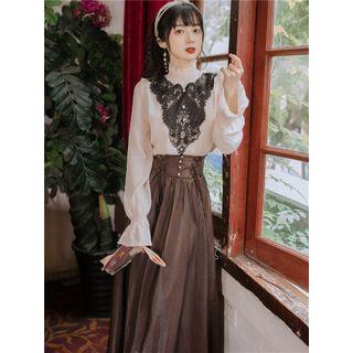Long-sleeve Lace Panel Blouse / Midi A-line Skirt / Set