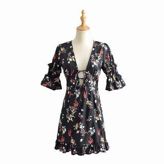 Elbow-sleeve Tie-front Mini A-line Dress