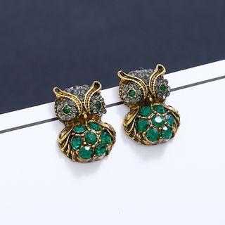 Rhinestone Owl Earring 1 Pair - Gold & Green - One Size