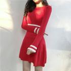 Long-sleeve Contrast-trim Knit A-line Mini Dress