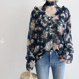 Floral Pattern Blouse With Sash