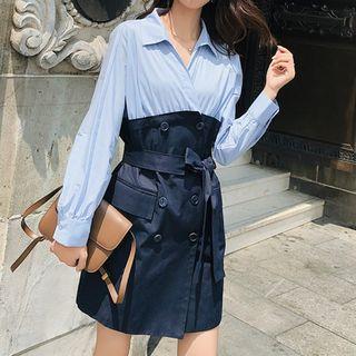 Long-sleeve Two-tone Mini Shirt Dress