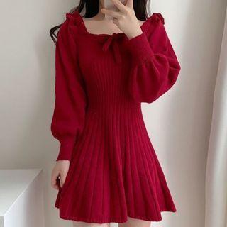 Square-neck Knit Mini A-line Dress