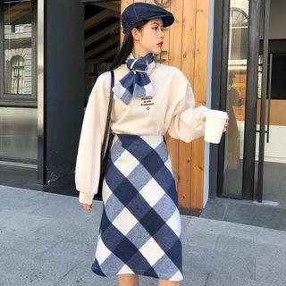 Lettering Sweatshirt With Plaid Scarf / Plaid A-line Skirt