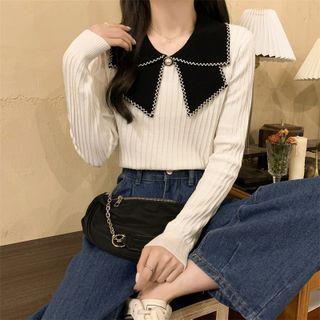 Long-sleeve Bow-collar Knit Top