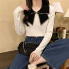 Long-sleeve Bow-collar Knit Top