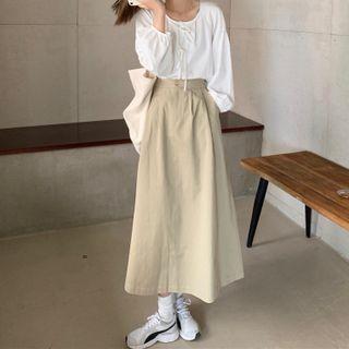 Long-sleeve Tie-front Blouse / Midi A-line Skirt