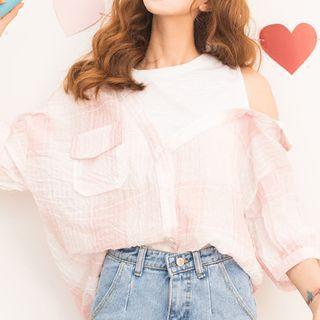 Mock Two Piece Plaid Cut Out Shoulder Elbow Sleeve Shirt