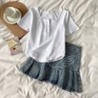 Short-sleeve Scoop-neck T-shirt / Embroidered Denim Mini Skirt