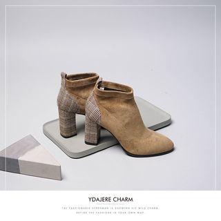 Plaid Panel / Plain Chunky-heel Ankle Boots