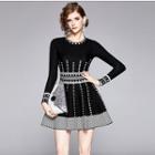 Patterned Long-sleeve A-line Dress Black - One Size