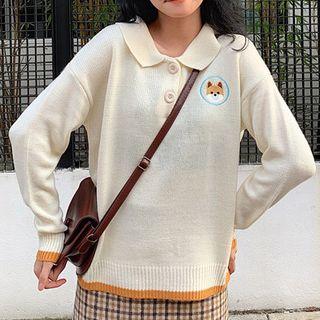 Dog Embroidered Polo-neck Knit Top