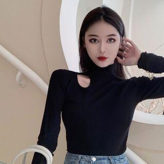Mock-neck Plain Long-sleeve Top With Chain