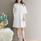 Elbow-sleeve Embroidered A-line Hoodie Dress