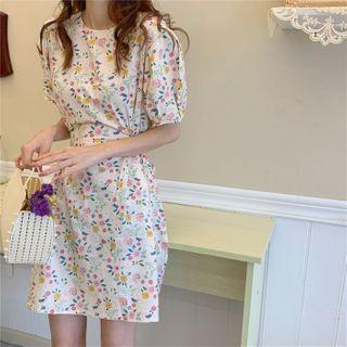 Short-sleeve Floral Print Mini A-line Dress Pink & Yellow - White - One Size