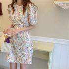 Short-sleeve Floral Print Mini A-line Dress Pink & Yellow - White - One Size
