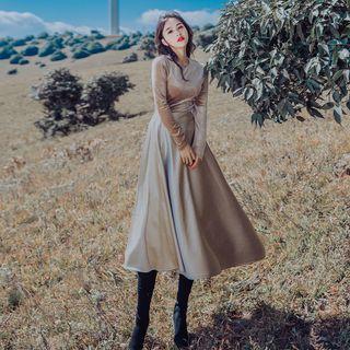 Long-sleeve Velvet Panel A-line Midi Dress