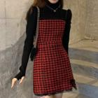 Long-sleeve Top / Spaghetti Strap Houndstooth Dress