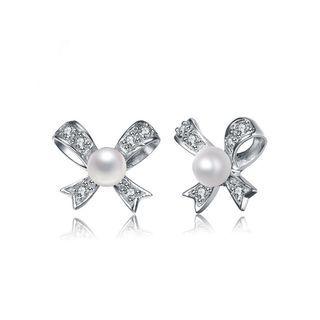 Sterling Silver Fashion Elegant Ribbon Freshwater Pearl Stud Earrings Silver - One Size