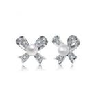 Sterling Silver Fashion Elegant Ribbon Freshwater Pearl Stud Earrings Silver - One Size