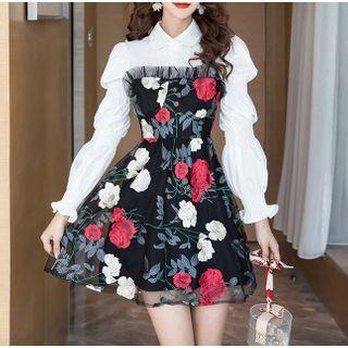 Long-sleeve Mock Two-piece Floral Embroidered Mini Dress